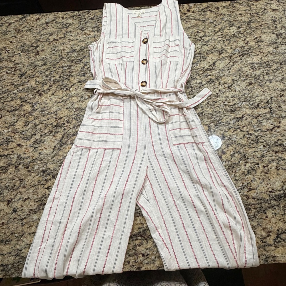 Monteau Los Angeles Striped Wide Leg Jumpsuit Sleeveless Button Front Ivory M‎